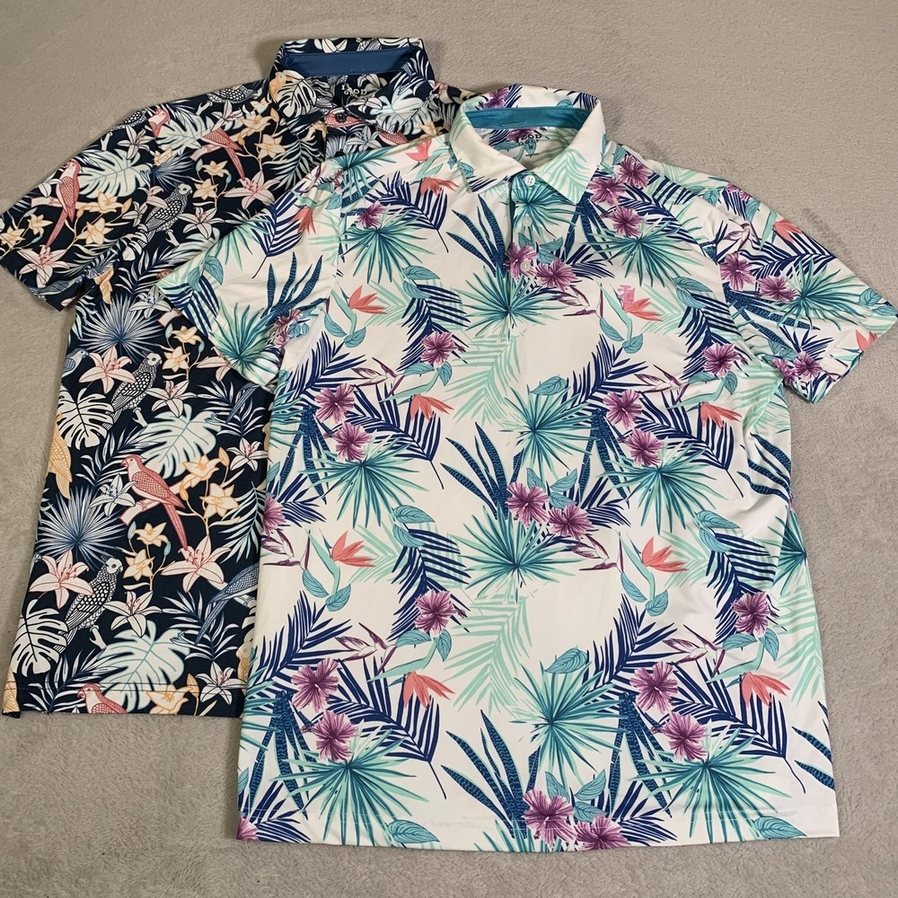 IZOD Golf Polo Shirt Mens Medium Lot Of 2 Tropical Print Performance Stretch